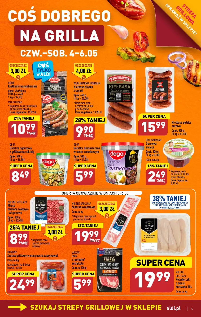 Gazetka promocyjna Aldi - Pełen katalog - ważna 04.05 do 06.05.2023 - strona 5 - produkty: Boczek, Dega, Fa, Grill, Kiełbasa, Kiełbasa śląska, Kurczak, Mięsne specjały, Mięso, Mięso mielone, Morliny, Por, Rostbef, Sałat, Sałatka, Sałatka ogórkowa, Sos, Stek, Surówka