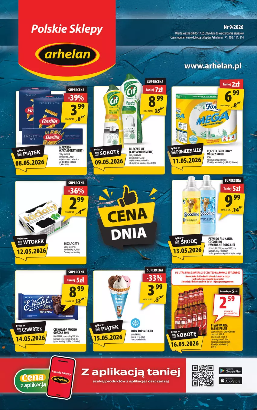 Gazetka promocyjna Arhelan - Gazetka - ważna 08.05 do 17.05.2026 - strona 1 - produkty: Barilla, Cif, Czekolada, Koc, Lody, Miecz, Mleczko, Oral B, Papier, Piec, Ręcznik, Rolki, Top