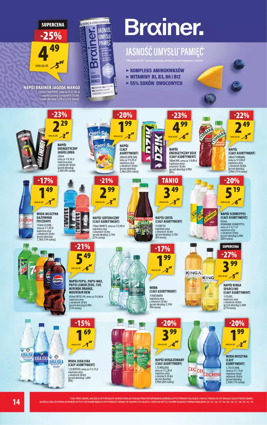 Gazetka promocyjna Arhelan - Gazetka - ważna 08.05 do 17.05.2026 - strona 14 - produkty: 7up, Clin, Fa, Gin, Hortex, Mango, Mirinda, Mus, Napój, Napój niegazowany, Oshee, Pepsi, Por, Schweppes, Szyna, Tymbark, Woda
