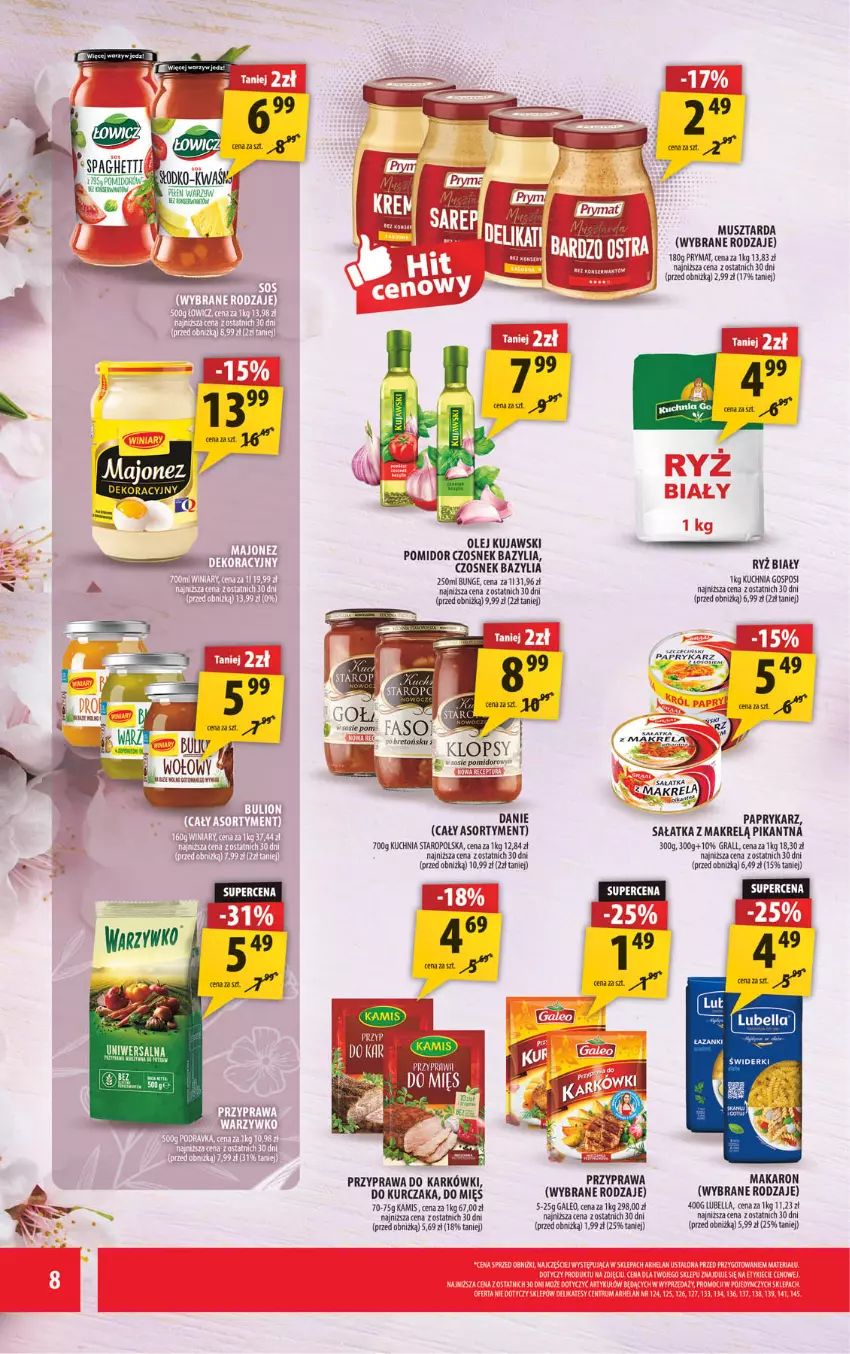 Gazetka promocyjna Arhelan - Gazetka - ważna 08.05 do 17.05.2026 - strona 8 - produkty: Bazyl, Bazylia, Bell, Bella, Czosnek, Gra, Kamis, Kuchnia, Kuchnia Staropolska, Kujawski, Kurczak, Lubella, Makaron, Makrelą, Mus, Musztarda, Olej, Papryka, Paprykarz, Prymat, Ryż, Ryż biały, Sałat, Sałatka, Sałatka z makrelą