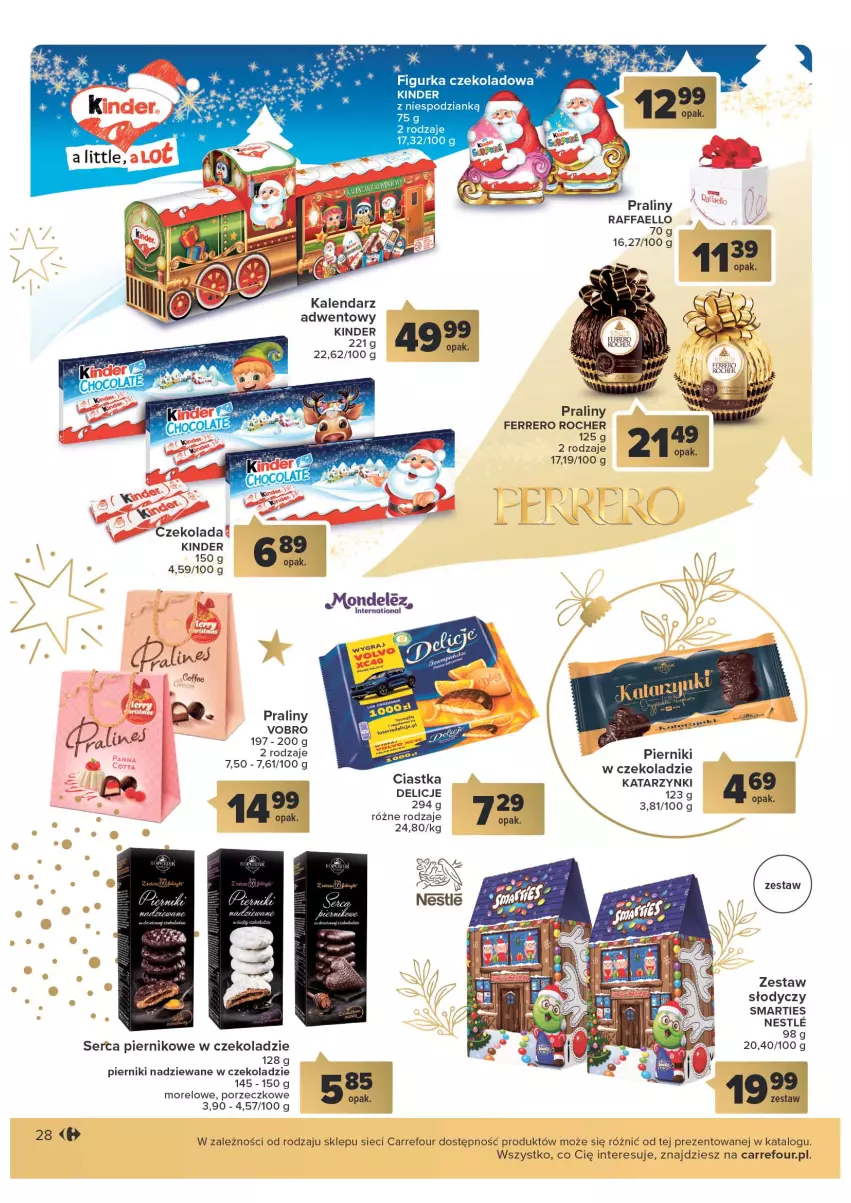 Gazetka promocyjna Carrefour - Gazetka Prezenty - ważna 08.11 do 26.11.2022 - strona 28 - produkty: Ciastka, Czekolada, Delicje, Fa, Ferrero, Ferrero Rocher, Kalendarz, Kalendarz adwentowy, Kinder, LG, Piernik, Por, Praliny, Raffaello, Ser