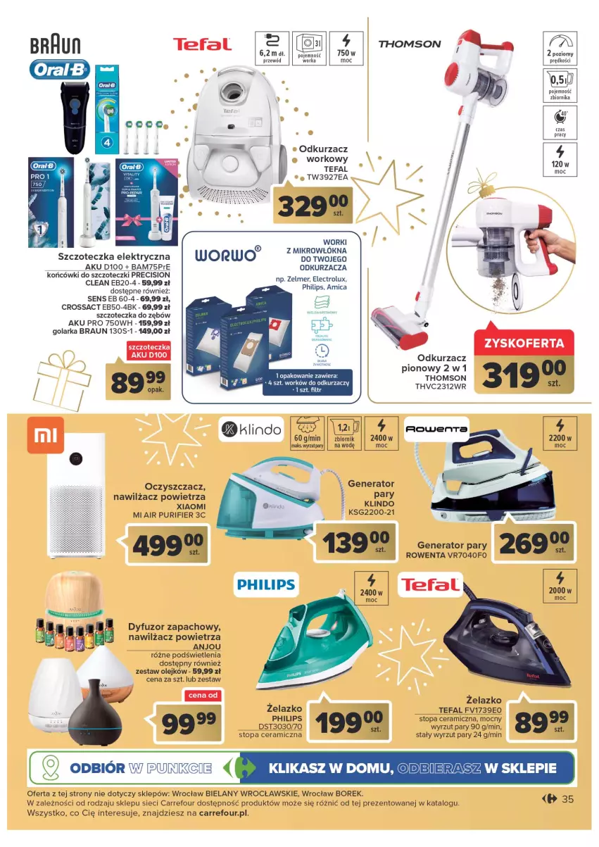 Gazetka promocyjna Carrefour - Gazetka Prezenty - ważna 08.11 do 26.11.2022 - strona 35 - produkty: Amica, Braun, Dyfuzor zapachowy, Fa, Generator pary, Golarka, Końcówki do szczoteczk, Nawilżacz powietrza, Odkurzacz, Olej, Orka, Philips, Przewód, Pur, Rowenta, Szczoteczka, Szczoteczka do zębów, Tefal, Thomson, Top