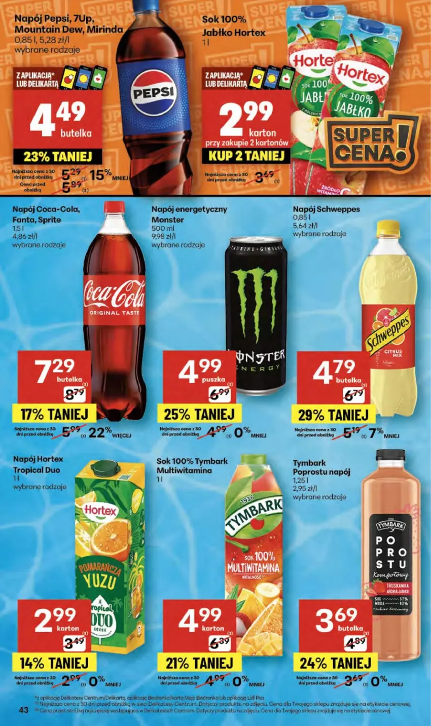 Gazetka promocyjna Delikatesy Centrum - Franczyza DC41 Czwartek - ważna 09.10 do 15.10.2025 - strona 43 - produkty: 7up, Coca-Cola, Dron, Fa, Fanta, Gin, Hortex, Koc, Mirinda, Napój, Napój energetyczny, Pepsi, Rum, Schweppes, Sok, Sprite, Tropical, Tymbark