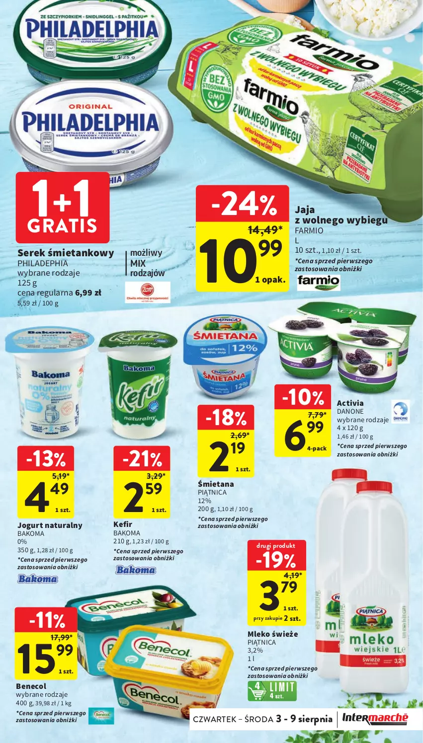 Gazetka promocyjna Intermarche - Gazetka Intermarche - ważna 03.08 do 09.09.2023 - strona 24 - produkty: Activia, Bakoma, Benecol, Danone, Fa, Gra, Jaja, Jaja z wolnego wybiegu, Jogurt, Jogurt naturalny, Kefir, Mleko, Piątnica, Ser, Serek