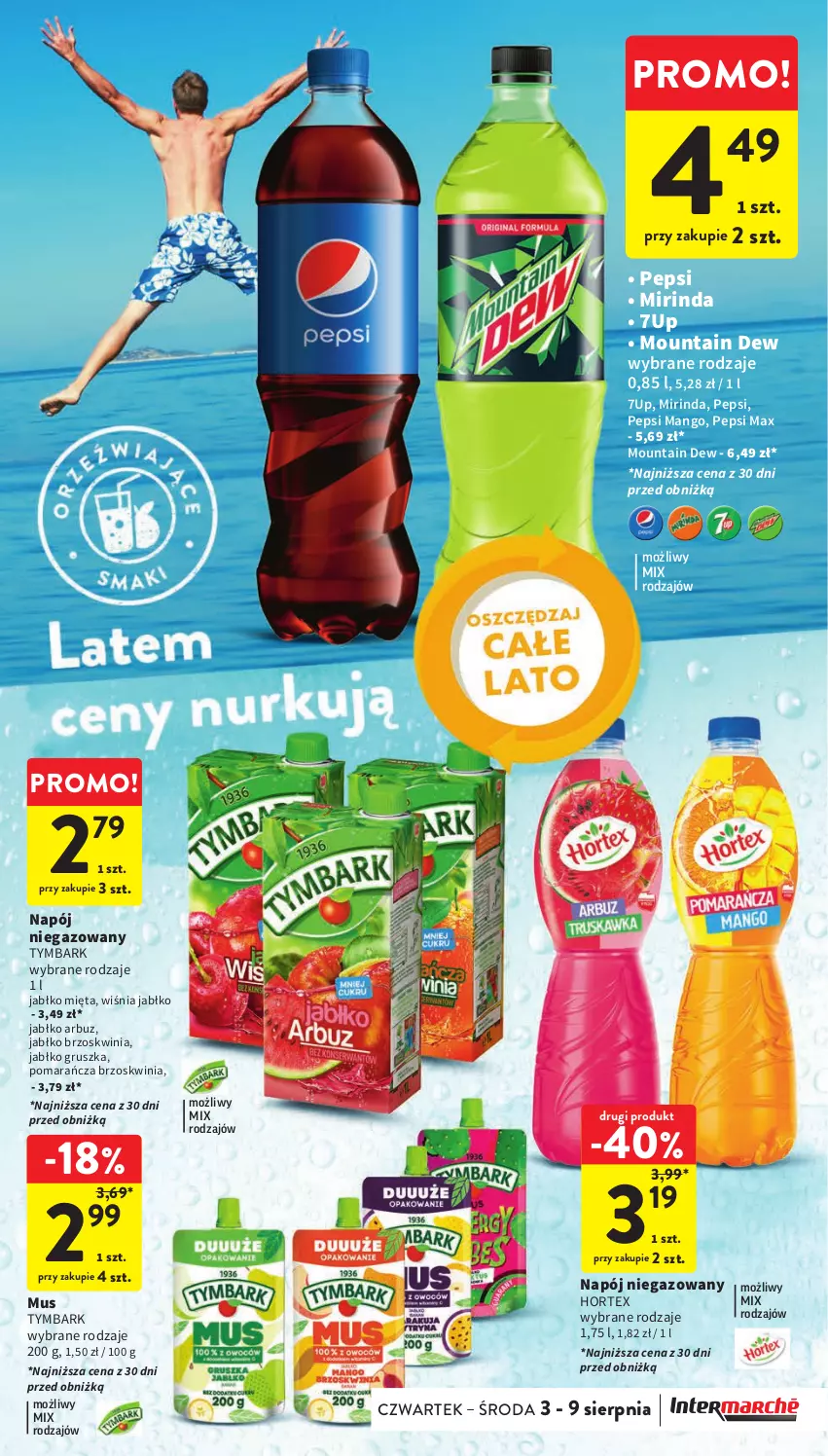 Gazetka promocyjna Intermarche - Gazetka Intermarche - ważna 03.08 do 09.09.2023 - strona 32 - produkty: 7up, Arbuz, Hortex, Mango, Mięta, Mirinda, Mus, Napój, Napój niegazowany, Pepsi, Pepsi max, Tymbark