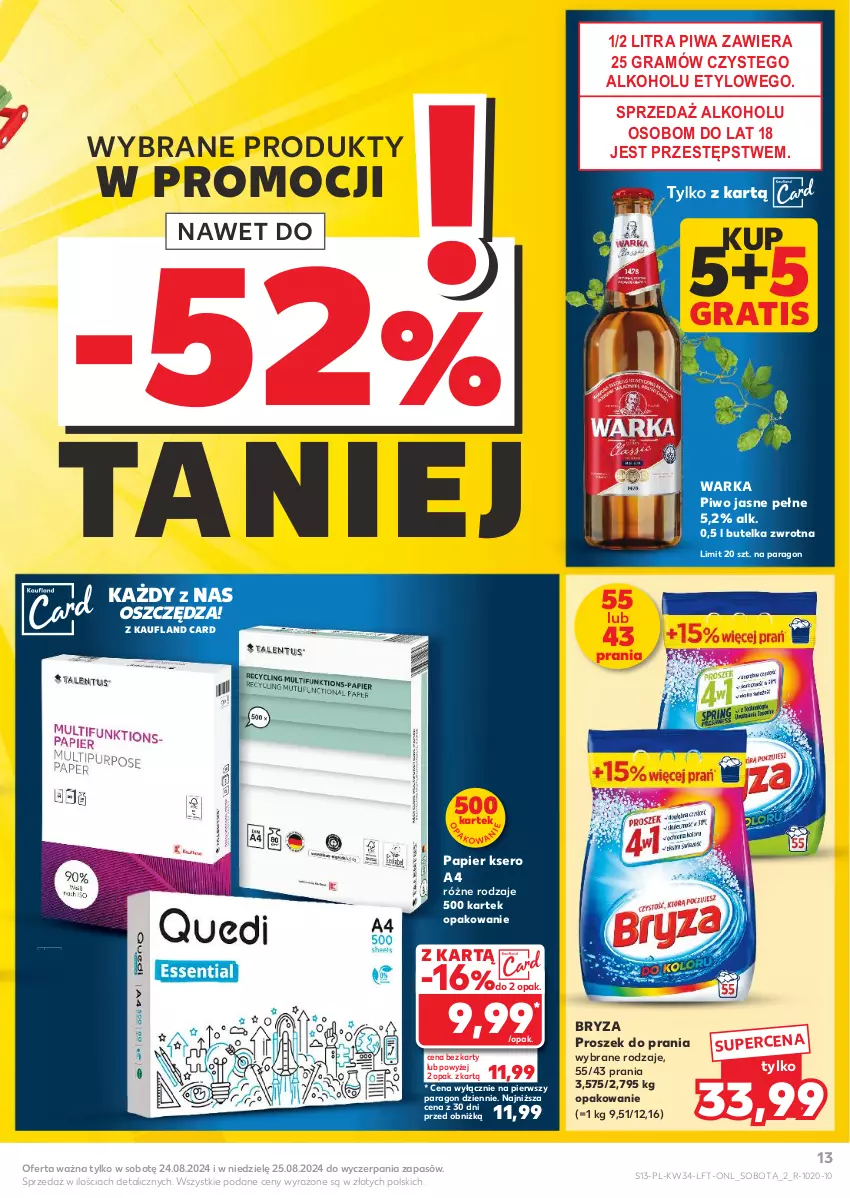 Gazetka promocyjna Kaufland - Gazetka tygodnia - ważna 22.08 do 28.08.2024 - strona 13 - produkty: Bryza, Gra, Papier, Piwa, Piwo, Piwo jasne, Proszek do prania, Ser, Warka