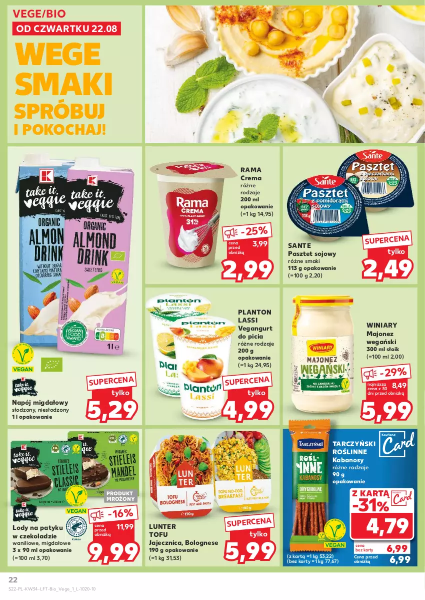 Gazetka promocyjna Kaufland - Gazetka tygodnia - ważna 22.08 do 28.08.2024 - strona 22 - produkty: Kabanos, Koc, Lody, Majonez, Napój, Pasztet, Rama, Roślinne kabanosy, Sante, Tarczyński, Tofu, Vegangurt, Winiary