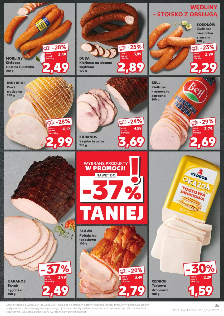 Gazetka promocyjna Kaufland - Gazetka tygodnia - ważna 22.08 do 28.08.2024 - strona 35 - produkty: Bell, Duda, Kabanos, Kiełbasa, Kiełbasa biesiadna, Kiełbasa krakowska, Kiełbasa z piersi kurczaka, Kurczak, Morliny, Polędwica, Ser, Sok, Sokołów, Sos, Szynka