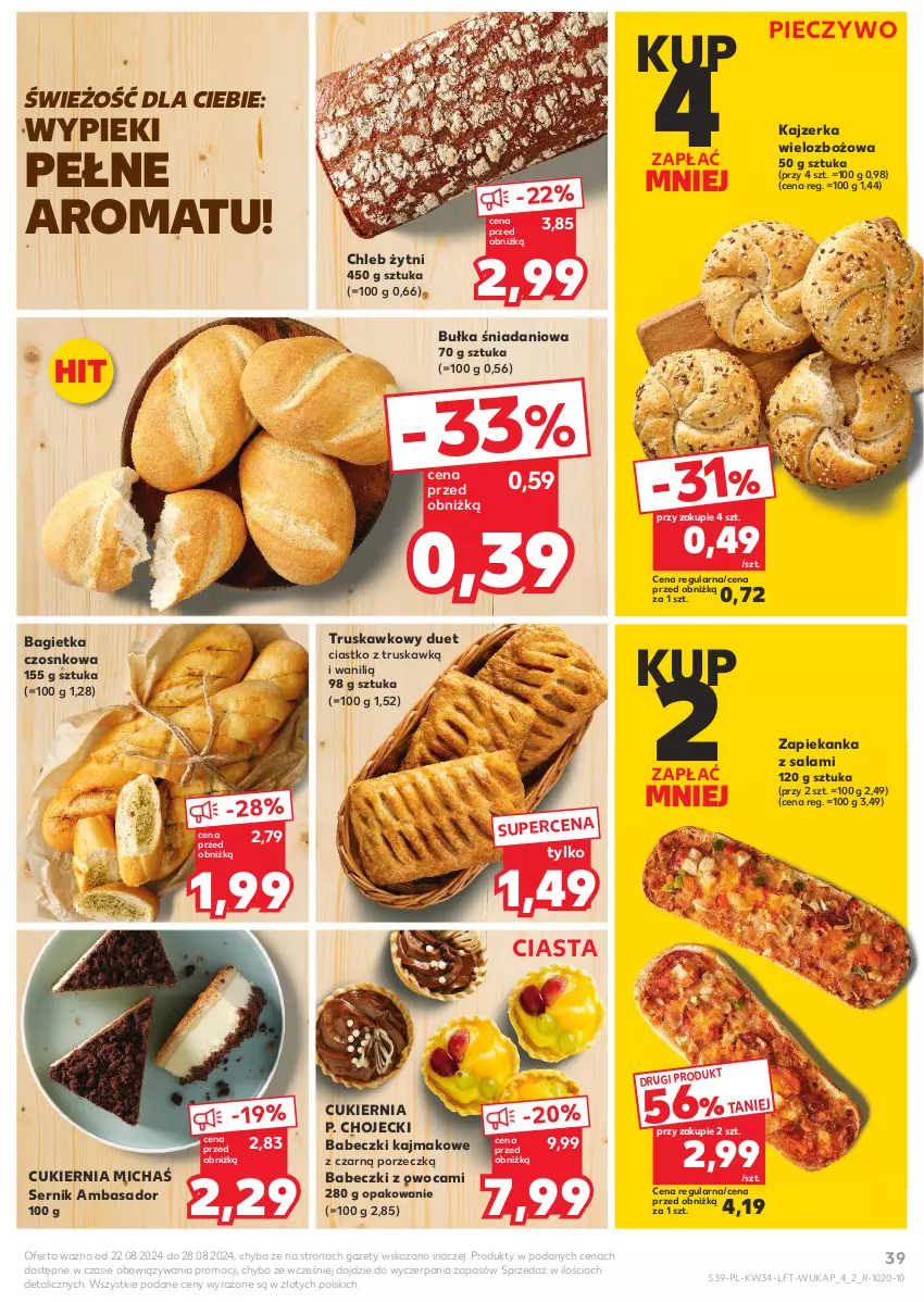 Gazetka promocyjna Kaufland - Gazetka tygodnia - ważna 22.08 do 28.08.2024 - strona 39 - produkty: Babeczki, Bagietka, Bagietka czosnkowa, Bułka, Chleb, Cukier, Danio, Kajzerka, Piec, Pieczywo, Por, Salami, Ser, Zapiekanka