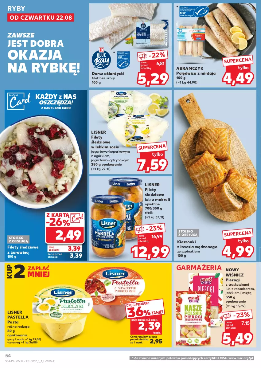 Gazetka promocyjna Kaufland - Gazetka tygodnia - ważna 22.08 do 28.08.2024 - strona 54 - produkty: Dorsz, Jogurt, Lisner, Mintaj, Pastella, Pierogi, Polędwica, Sos, Szpinak