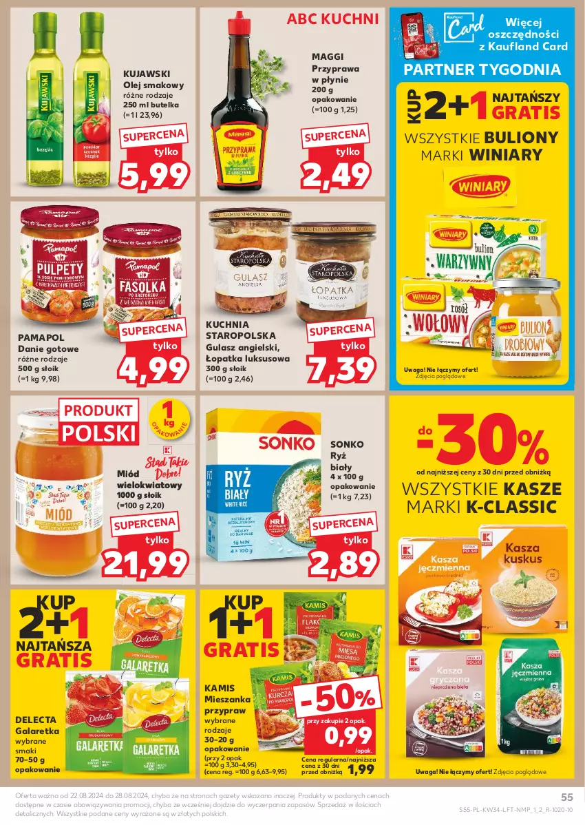 Gazetka promocyjna Kaufland - Gazetka tygodnia - ważna 22.08 do 28.08.2024 - strona 55 - produkty: Bulion, Danie gotowe, Delecta, Gala, Galaretka, Gra, Kamis, Kuchnia, Kuchnia Staropolska, Kujawski, Lion, Maggi, Miód, Olej, Olej smakowy, Przyprawa w płynie, Ryż, Ryż biały, Sonko, Waga, Winiary