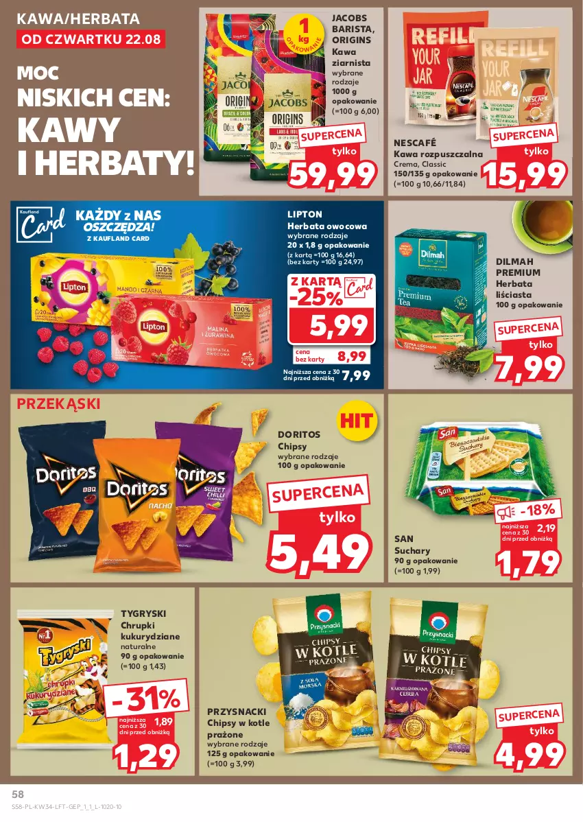 Gazetka promocyjna Kaufland - Gazetka tygodnia - ważna 22.08 do 28.08.2024 - strona 58 - produkty: Chipsy, Chrupki, Dilmah, Gin, Gry, Herbata, Herbata owocowa, Jacobs, Kawa, Kawa rozpuszczalna, Kawa ziarnista, Lipton, Nescafé, Przysnacki