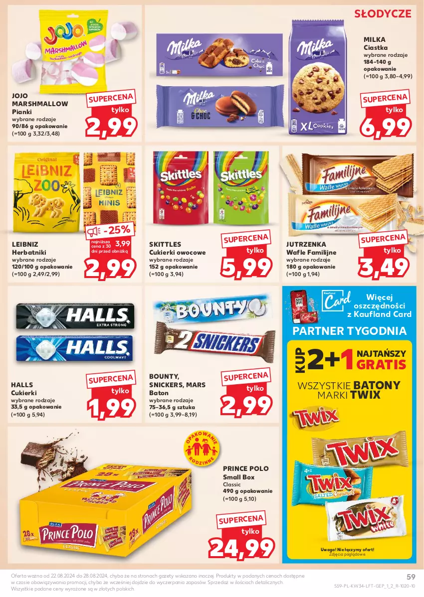 Gazetka promocyjna Kaufland - Gazetka tygodnia - ważna 22.08 do 28.08.2024 - strona 59 - produkty: Baton, Bounty, Ciastka, Cukier, Cukierki, Fa, Gra, Halls, Herbatniki, Jutrzenka, Mars, Milka, Prince Polo, Snickers, Twix, Wafle, Waga