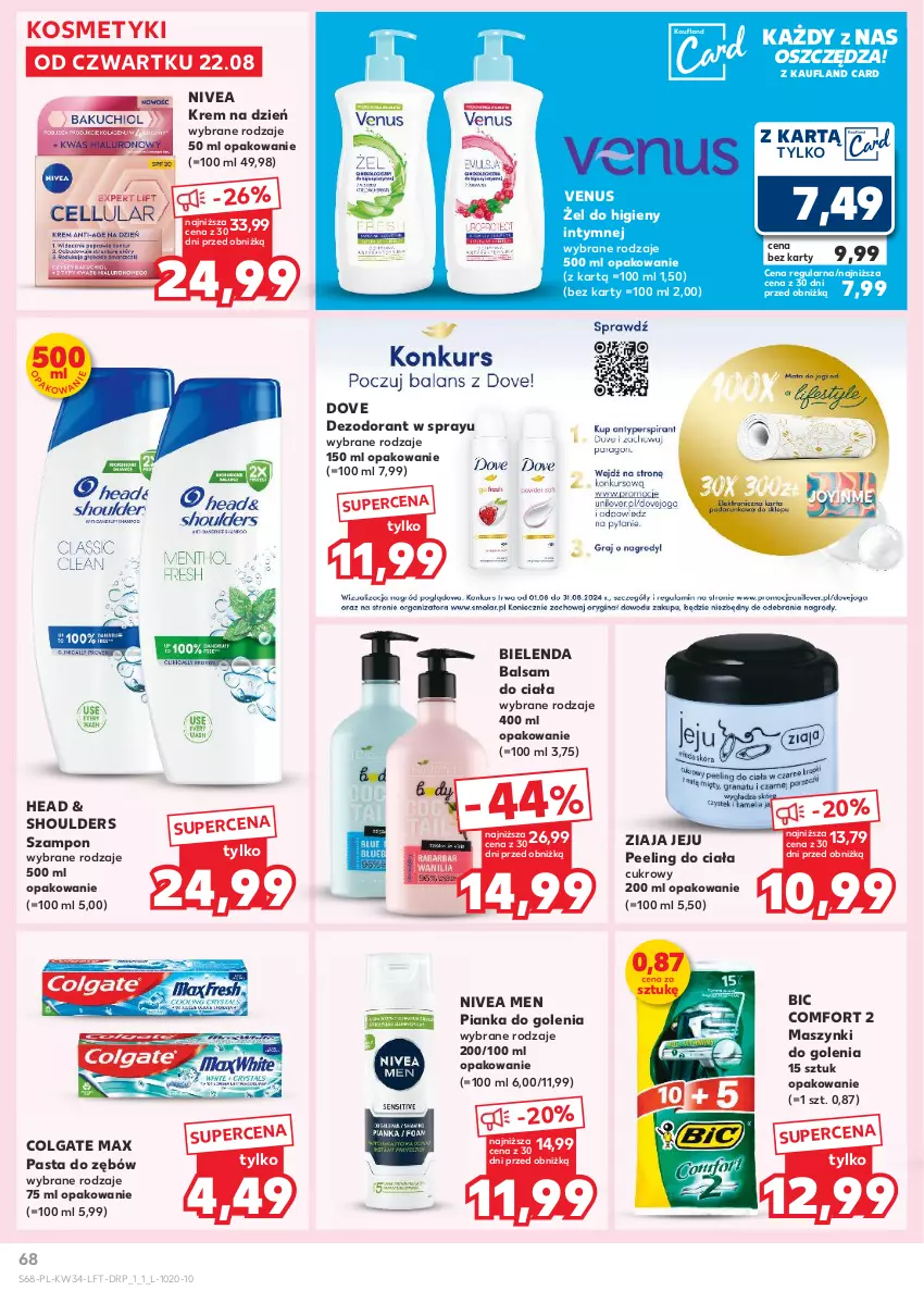 Gazetka promocyjna Kaufland - Gazetka tygodnia - ważna 22.08 do 28.08.2024 - strona 68 - produkty: Balsam do ciała, BIC, Bielenda, Colgate, Dezodorant, Dove, Krem na dzień, LG, Nivea, Nivea Men, Pasta do zębów, Peeling, Pianka do golenia, Szampon, Venus, Ziaja