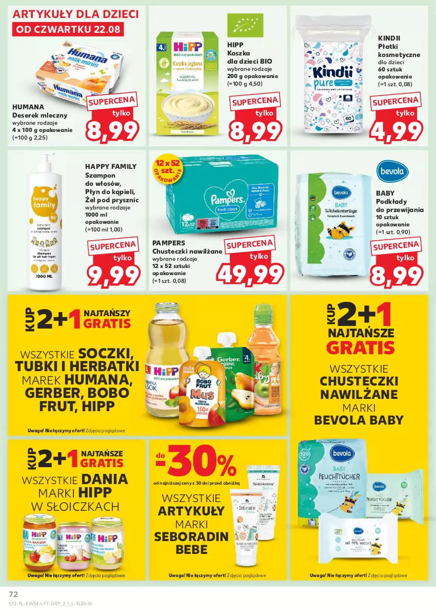 Gazetka promocyjna Kaufland - Gazetka tygodnia - ważna 22.08 do 28.08.2024 - strona 72 - produkty: Chusteczki, Deser, Dzieci, Fa, Gerber, Gra, HiPP, Humana, Kindii, Pampers, Płatki kosmetyczne, Płyn do kąpieli, Podkład, Seboradin, Ser, Serek, Szampon, Waga