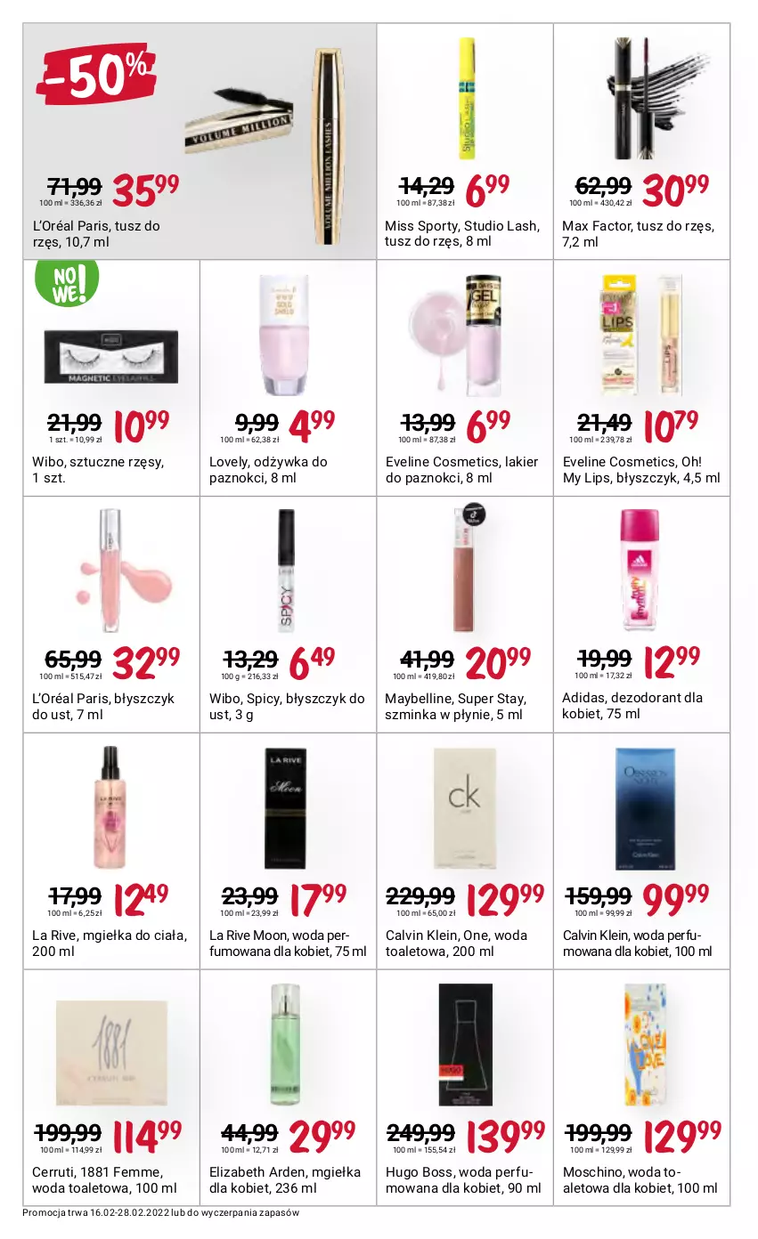 Gazetka promocyjna Rossmann - ważna 16.02 do 28.02.2022 - strona 10 - produkty: Adidas, Bell, Błyszczyk do ust, Calvin Klein, Cerruti, Dezodorant, Elizabeth Arden, Eveline, Fa, Hugo Boss, Inka, L’Oréal, La Rive, Lakier, Lakier do paznokci, Lovely, Max Factor, Maybelline, Miss Sporty, Moschino, Odżywka, Perfum, Por, Sport, Szminka, Sztuczne rzęsy, Tusz, Wibo, Woda, Woda perfumowana, Woda toaletowa