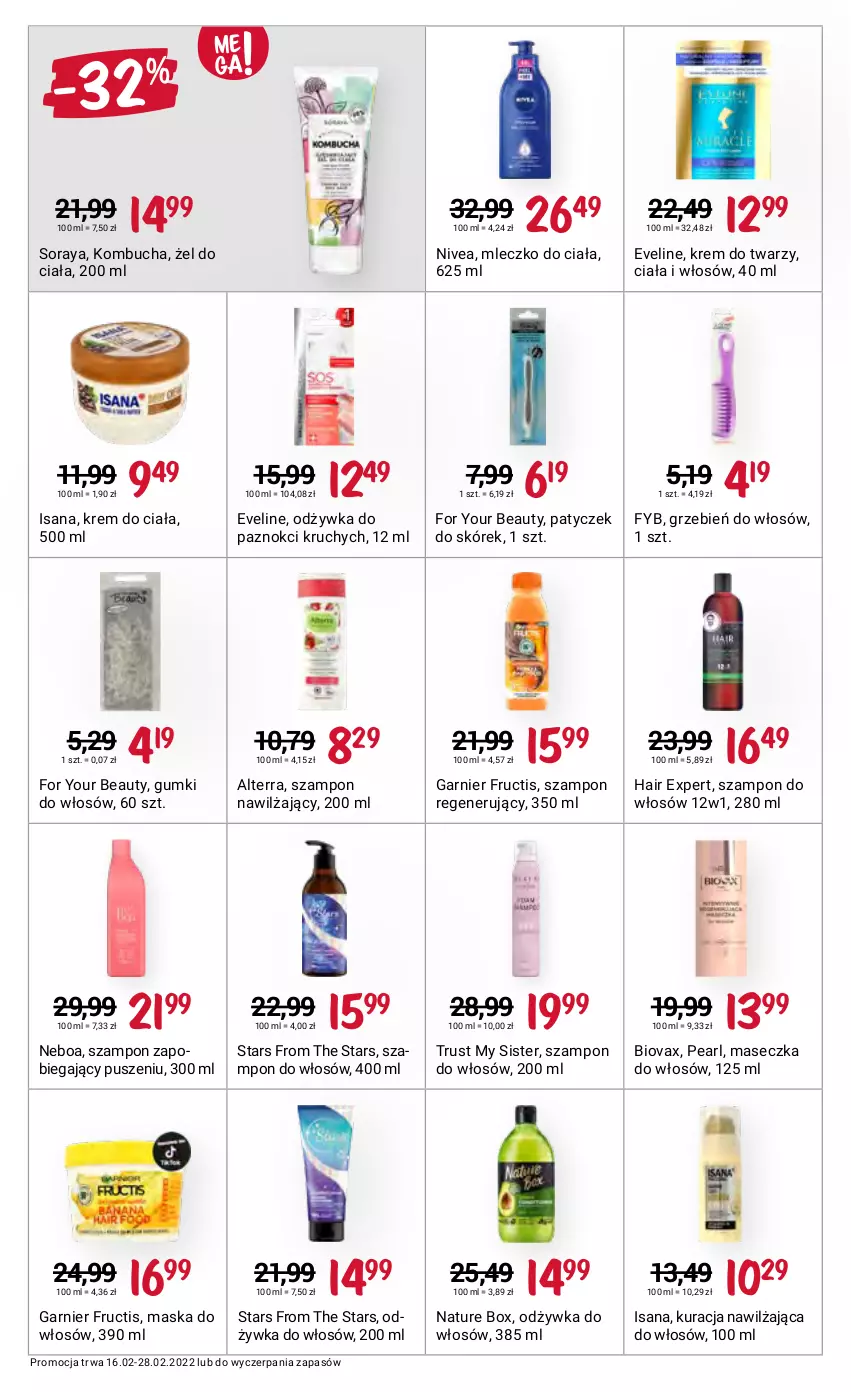 Gazetka promocyjna Rossmann - ważna 16.02 do 28.02.2022 - strona 5 - produkty: Alterra, Biovax, Eveline, For Your Beauty, Fructis, Garnier, Isana, Krem do ciała, Krem do twarzy, Maska, Maska do włosów, Mleczko, Mleczko do ciała, Nature Box, Nivea, Odżywka, Rust, Szampon