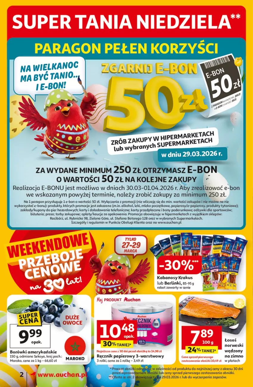 Gazetka promocyjna Auchan - Gazetka 30 Lat Supermarket Auchan - ważna 26.03 do 30.03.2026 - strona 2 - produkty: Berlinki, Fa, Fizan, Kabanos, Krakus, Mleko, Olej, Papier, Por, Ręcznik, Rolki, SEKO, Sport, Telefon