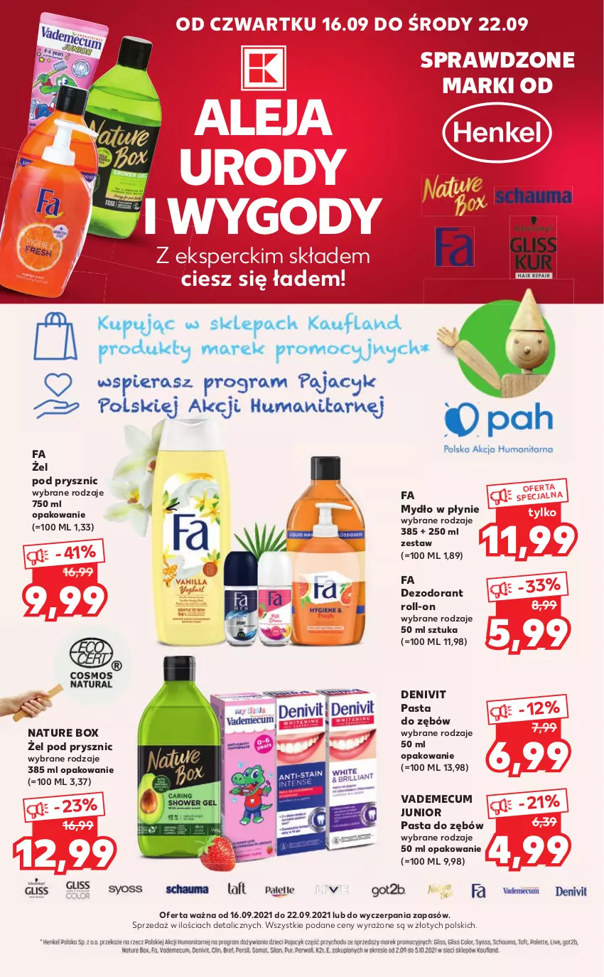 Gazetka promocyjna Kaufland - Oferta specjalna - ważna 16.09 do 22.09.2021 - strona 1 - produkty: Denivit, Dezodorant, Fa, Mydło, Mydło w płynie, Nature Box, Pasta do zębów, Vademecum