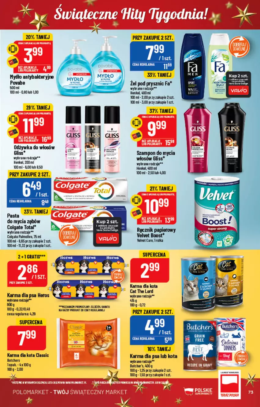 Gazetka promocyjna PoloMarket - Gazetka pomocyjna - ważna 16.11 do 22.11.2022 - strona 73 - produkty: Butcher's, Colgate, Colgate Total, Fa, LG, Mydło, Odżywka, Palmolive, Papier, Por, Ręcznik, Szampon, Velvet