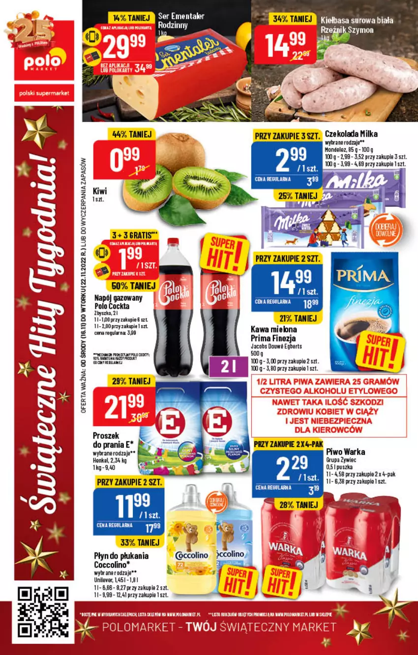 Gazetka promocyjna PoloMarket - Gazetka pomocyjna - ważna 16.11 do 22.11.2022 - strona 80 - produkty: Coccolino, Czekolada, Ementaler, Fa, Jacobs, Kiwi, Milka, Napój, Napój gazowany, Piwo, Płyn do płukania, Por, Proszek do prania, Ser, Warka