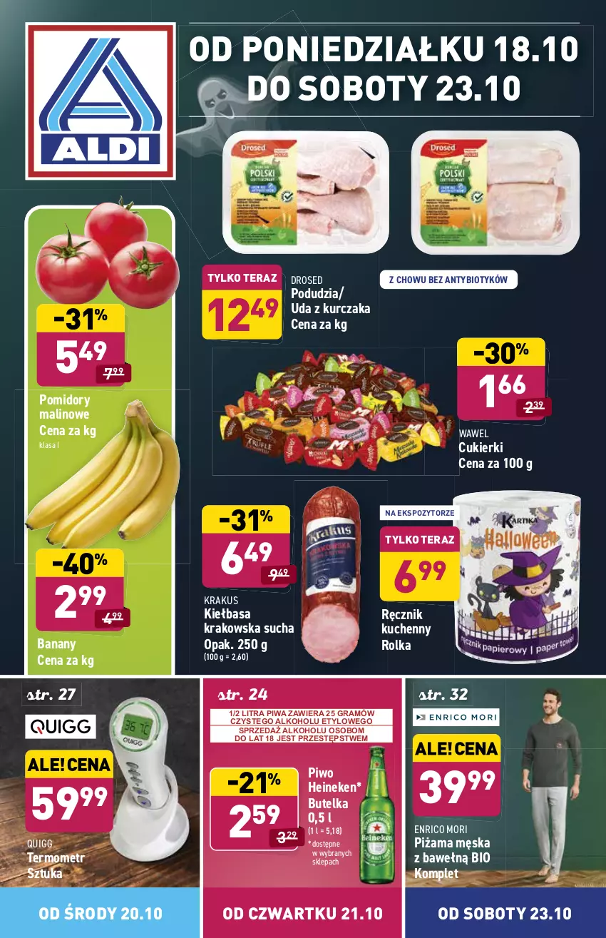 Gazetka promocyjna Aldi - ważna 18.10 do 23.10.2021 - strona 1 - produkty: Banany, Cukier, Cukierki, Gra, Heineken, Kiełbasa, Kiełbasa krakowska, Krakus, Kurczak, Piwa, Piwo, Piżama, Pomidory, Ręcznik, Ręcznik kuchenny, Tera, Termometr, Wawel