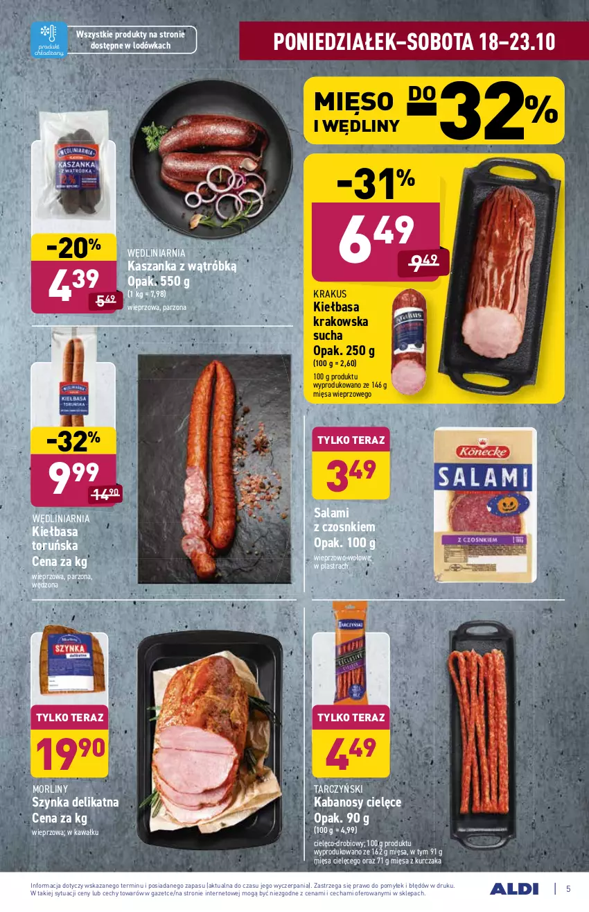 Gazetka promocyjna Aldi - ważna 18.10 do 23.10.2021 - strona 5 - produkty: Kabanos, Kasza, Kaszanka, Kawa, Kiełbasa, Kiełbasa krakowska, Krakus, Kurczak, Lodówka, Mięso, Morliny, Salami, Szynka, Tarczyński, Tera