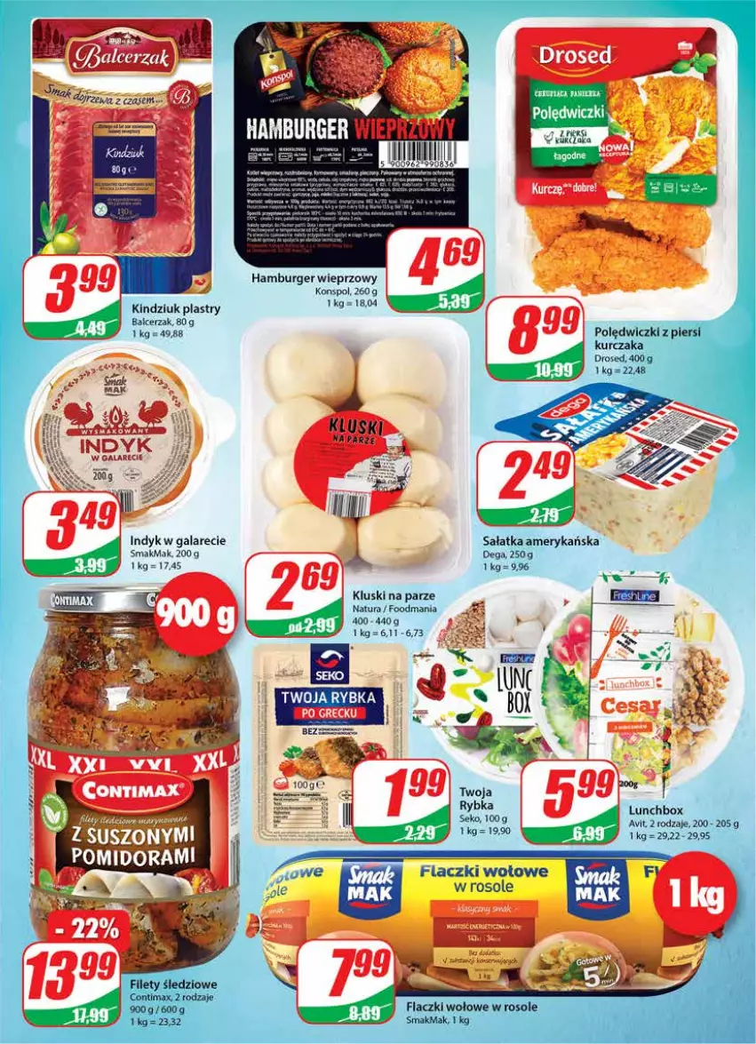 Gazetka promocyjna Dino - Gazetka - ważna 05.01 do 11.01.2022 - strona 13 - produkty: Burger, Dega, Flaczki wołowe, Gala, Hamburger, Kindziuk, Kluski na parze, Kurczak, Sałat, Sałatka, SEKO