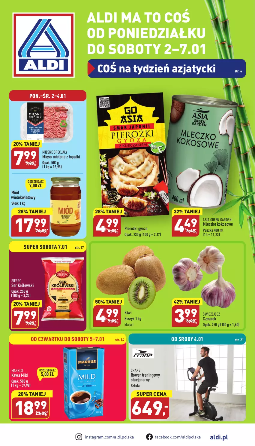 Gazetka promocyjna Aldi - Pełny katalog - ważna 02.01 do 07.01.2022 - strona 1 - produkty: Czosnek, Fa, Gra, Kawa, Kiwi, Kokos, Kosz, Królewski, Mięsne specjały, Mięso, Mięso mielone, Miód, Mleczko, Rower, Ser