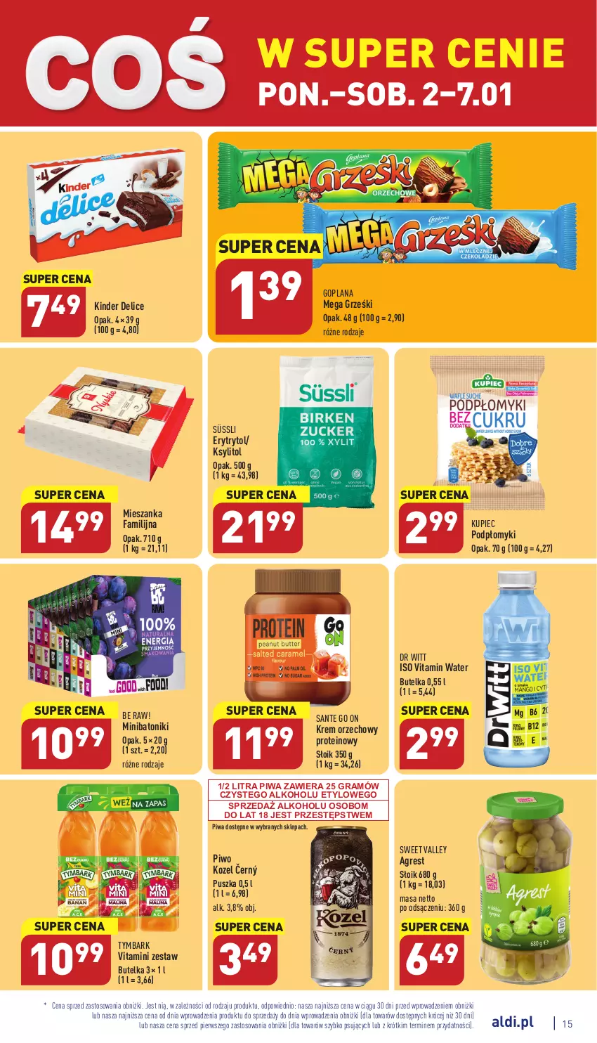 Gazetka promocyjna Aldi - Pełny katalog - ważna 02.01 do 07.01.2022 - strona 15 - produkty: Baton, Fa, Goplana, Gra, Gres, Grześki, Kinder, Kozel, Krem orzechowy, Ksylitol, Kupiec, LANA, Piec, Piwa, Piwo, Sante, Tonik, Tymbark