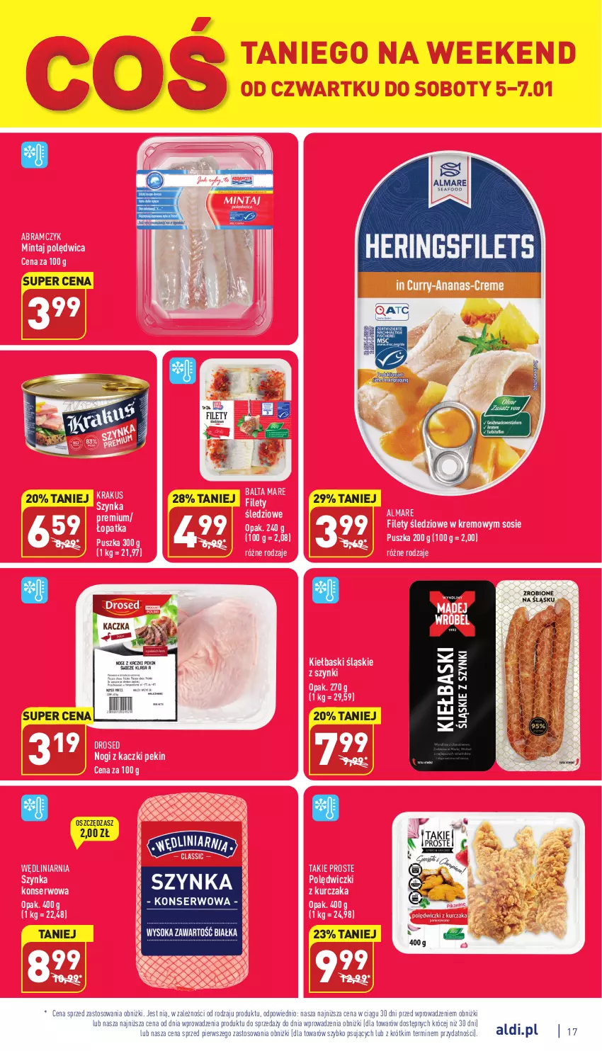 Gazetka promocyjna Aldi - Pełny katalog - ważna 02.01 do 07.01.2022 - strona 17 - produkty: Balta Mare, Kiełbaski śląskie, Krakus, Kurczak, Mintaj, Polędwica, Polędwiczki z kurczaka, Ser, Sos, Szynka, Szynka konserwowa, Szynka premium