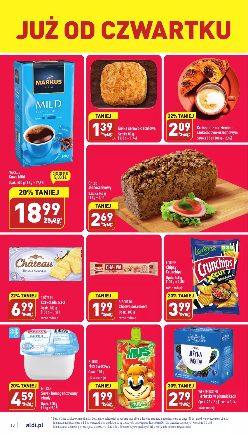 Gazetka promocyjna Aldi - Pełny katalog - ważna 02.01 do 07.01.2022 - strona 18 - produkty: Bułka, Chałwa, Chipsy, Chleb, Croissant, Crunchips, Czekolada, Kawa, Kubuś, Lorenz, Mus, Ser, Serek, Serek homogenizowany, Sezam