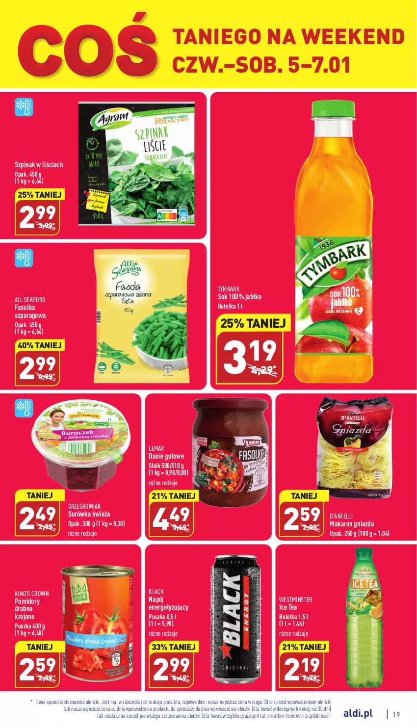 Gazetka promocyjna Aldi - Pełny katalog - ważna 02.01 do 07.01.2022 - strona 19 - produkty: All Seasons, Danie gotowe, Fa, Ice tea, Lack, Makaron, Napój, Pomidory, Sok, Surówka, Szpinak, Tymbark