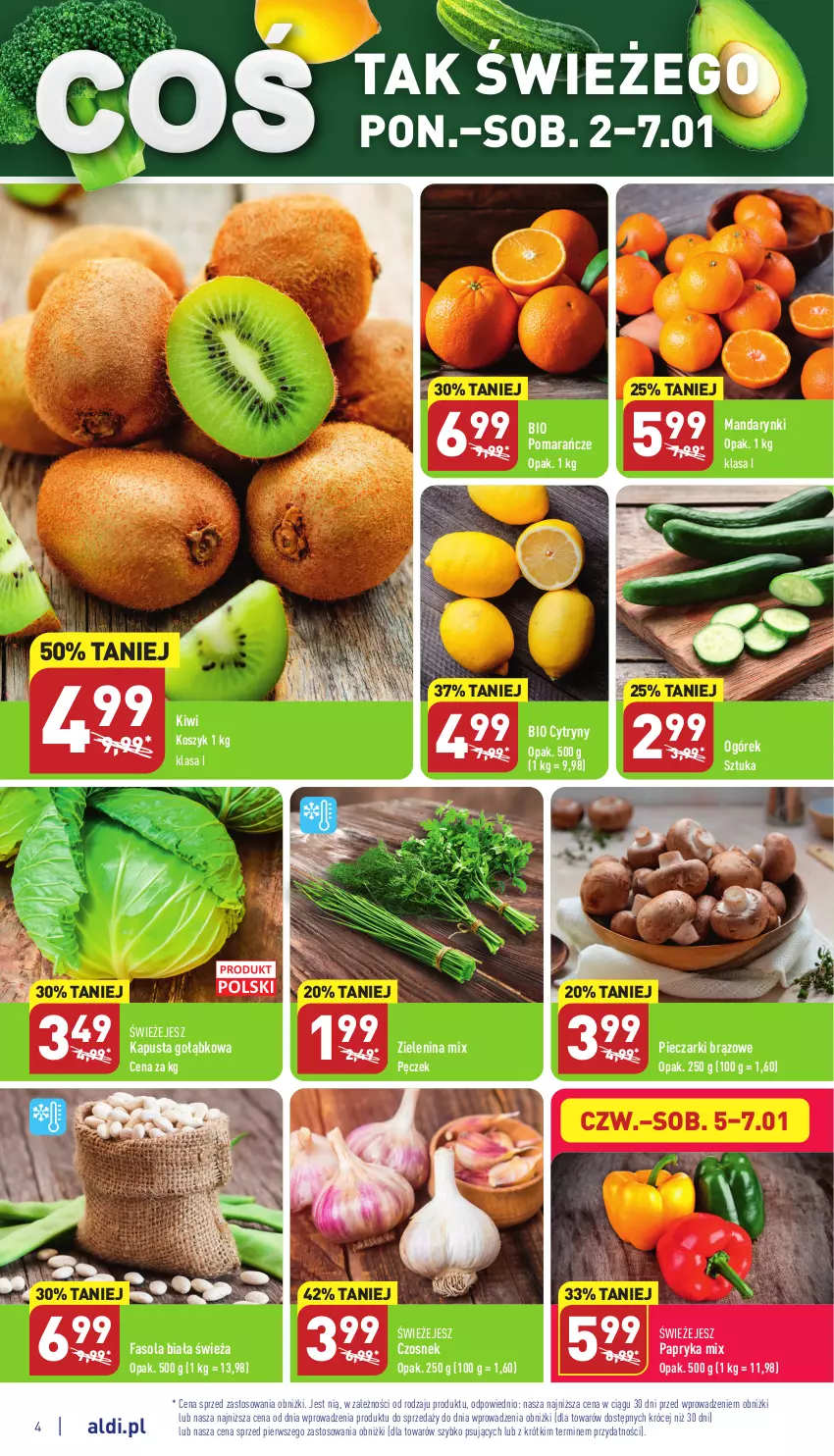 Gazetka promocyjna Aldi - Pełny katalog - ważna 02.01 do 07.01.2022 - strona 4 - produkty: Cytryny, Czosnek, Fa, Fasola, Kiwi, Kosz, Mandarynki, Ogórek, Papryka, Piec, Pomarańcze