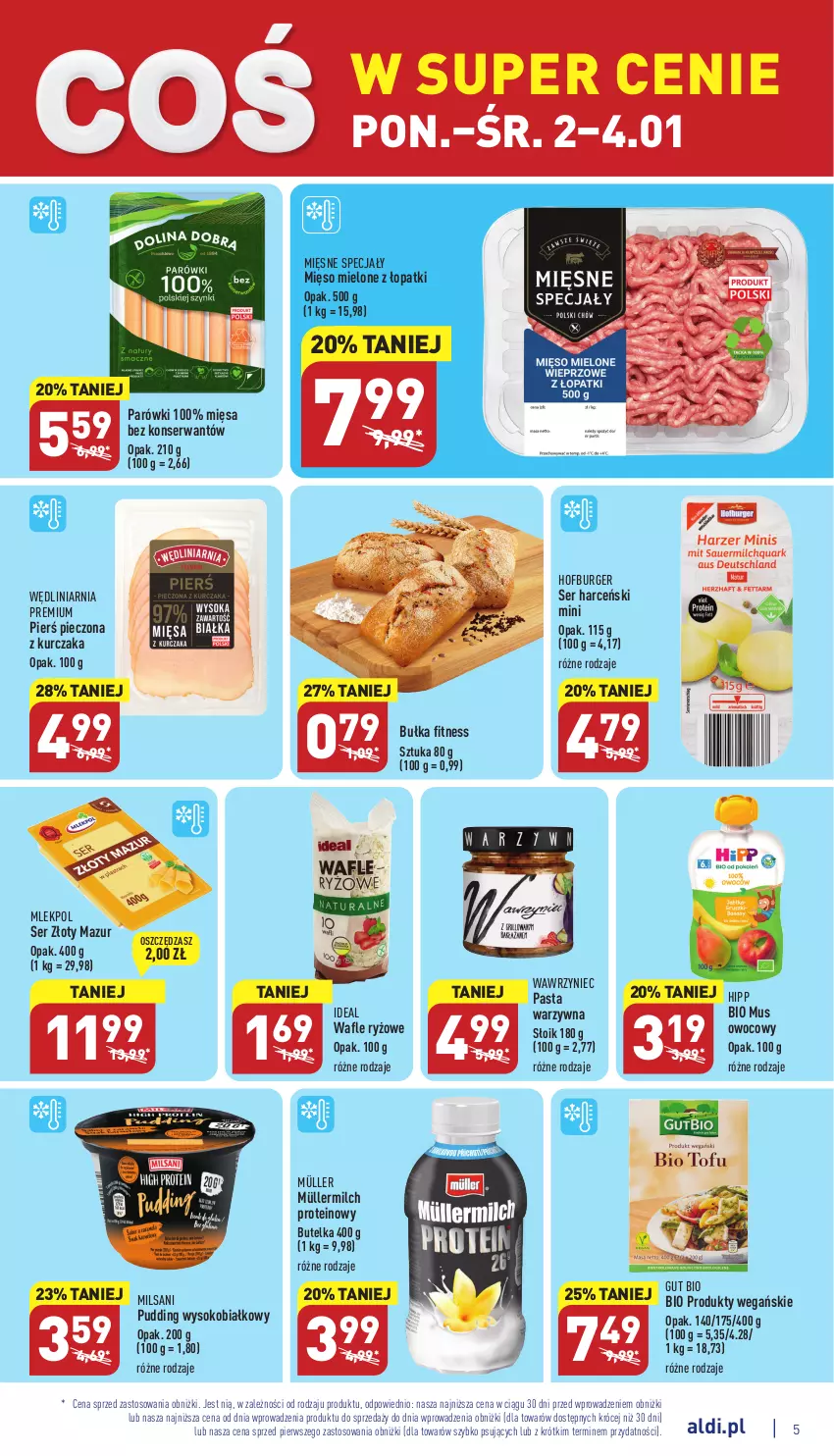 Gazetka promocyjna Aldi - Pełny katalog - ważna 02.01 do 07.01.2022 - strona 5 - produkty: Bułka, Bułka fitness, Burger, HiPP, Hofburger, Kurczak, Mięsne specjały, Mięso, Mięso mielone, Müller, Müllermilch, Mus, Parówki, Pasta warzywna, Piec, Pudding, Ryż, Ser, Sok, Wafle, Złoty Mazur