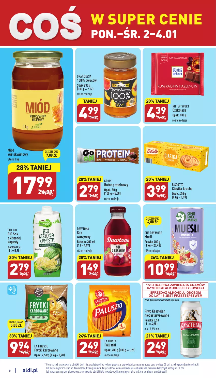 Gazetka promocyjna Aldi - Pełny katalog - ważna 02.01 do 07.01.2022 - strona 6 - produkty: Baton, Ciastka, Czekolada, Dawtona, Frytki, Gra, Kasztelan, Lajkonik, Miód, Mus, Piwa, Piwo, Por, Ritter Sport, Sok, Sport