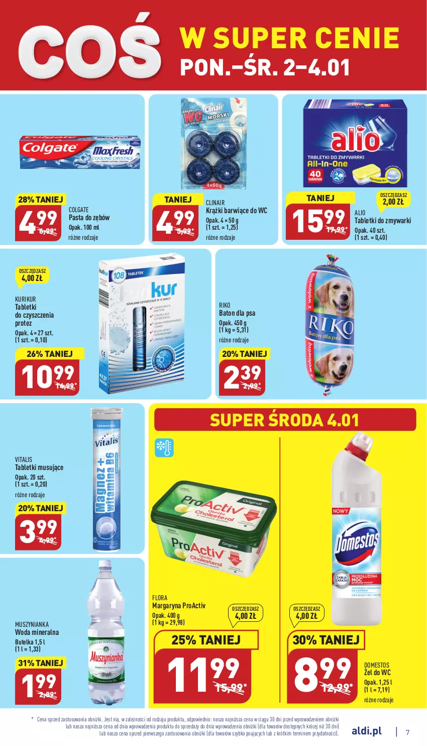 Gazetka promocyjna Aldi - Pełny katalog - ważna 02.01 do 07.01.2022 - strona 7 - produkty: Baton, Baton dla psa, Clin, Colgate, Domestos, Flora, LG, Margaryna, Mus, Muszynianka, Pasta do zębów, Tablet, Tabletki do zmywarki, Tabletki musujące, Woda, Woda mineralna, Zmywarki