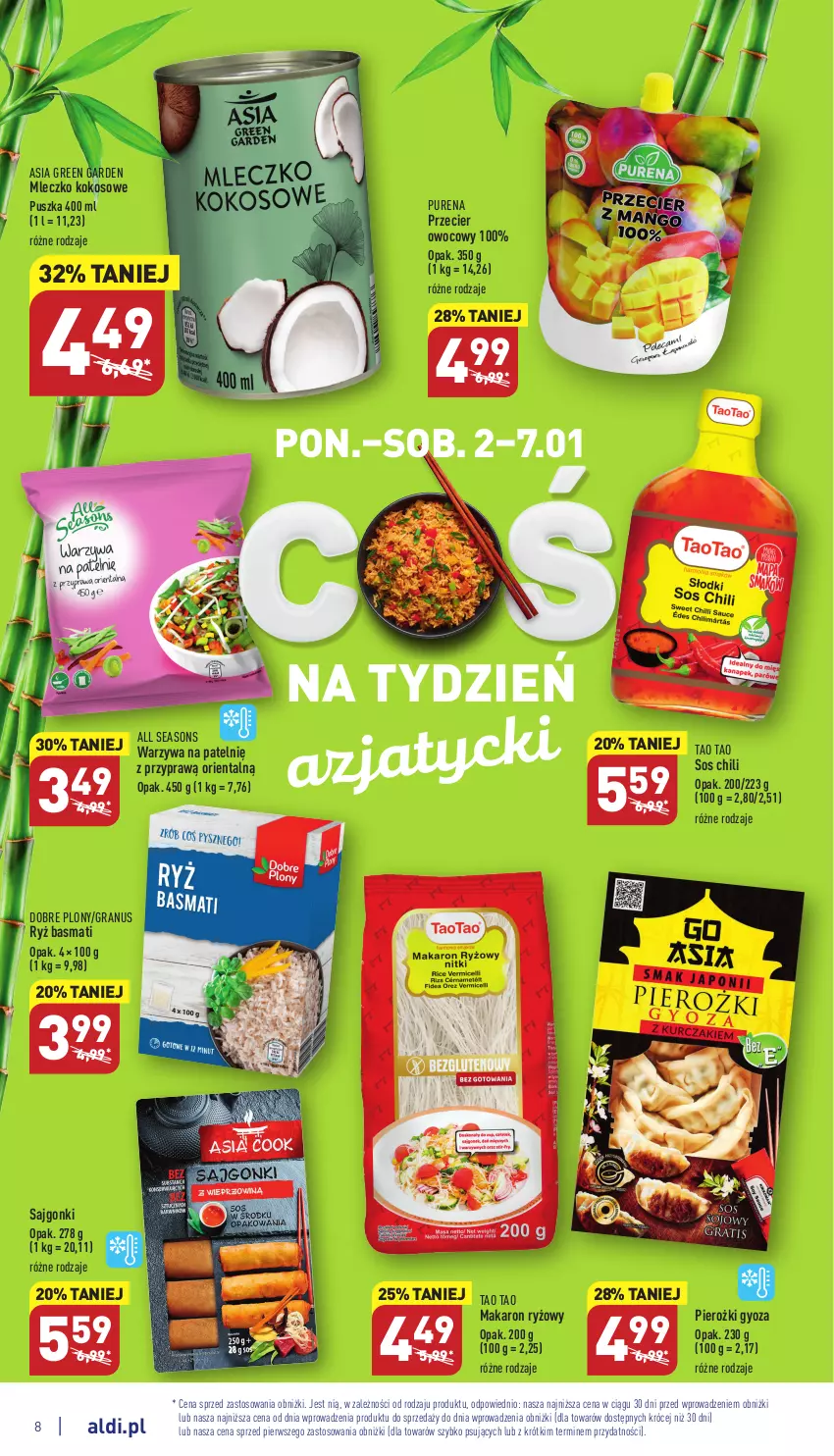 Gazetka promocyjna Aldi - Pełny katalog - ważna 02.01 do 07.01.2022 - strona 8 - produkty: All Seasons, Gra, Kokos, Makaron, Makaron ryżowy, Mleczko, Pur, Ryż, Ryż basmati, Sajgonki, Sos, Warzywa