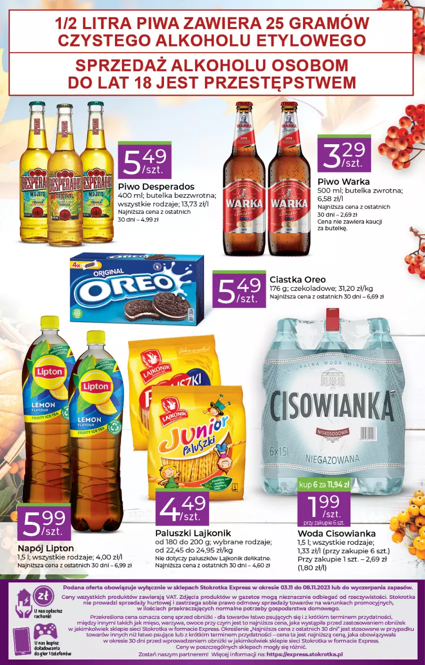 Gazetka promocyjna Stokrotka - Stokrotka Express - ważna 03.11 do 08.11.2023 - strona 3 - produkty: Ciastka, Cisowianka, Desperados, Lajkonik, Lipton, Mięso, Napój, Oreo, Owoce, Piec, Piwo, Telefon, Top, Warka, Warzywa, Woda