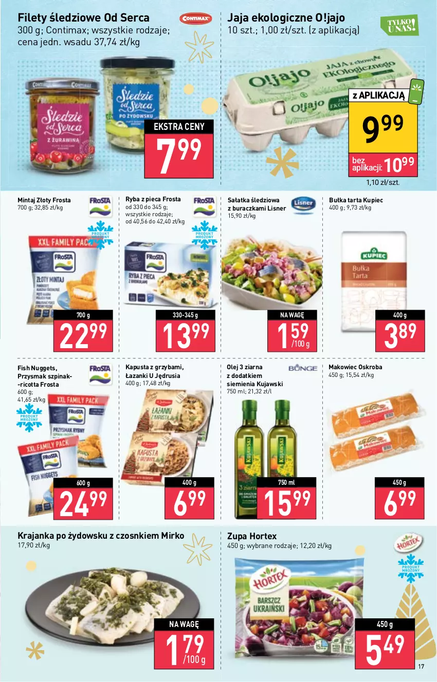 Gazetka promocyjna Stokrotka - Supermarket - ważna 22.12 do 28.12.2022 - strona 17 - produkty: Bułka, Bułka tarta, Frosta, Hortex, Jaja, Kujawski, Kupiec, Lisner, Makowiec, Mintaj, Olej, Piec, Ricotta, Ryba, Sałat, Sałatka, Ser, Szpinak, Tarta, Zupa