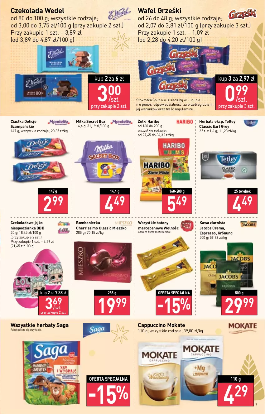 Gazetka promocyjna Stokrotka - Supermarket - ważna 22.12 do 28.12.2022 - strona 7 - produkty: Baton, Cappuccino, Ciastka, Czekolada, Delicje, Earl Grey, Grześki, Haribo, Herbata, Jacobs, Kawa, Kawa ziarnista, Milka, Saga, Tetley