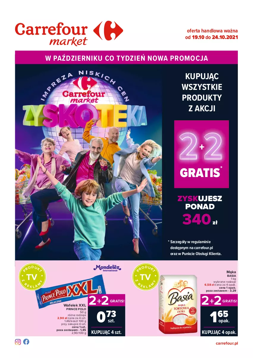 Gazetka promocyjna Carrefour - Gazetka Market Zyskoteka - ważna 19.10 do 24.10.2021 - strona 1 - produkty: Basia, Gra, Kosz, Mąka, Prince Polo, Wafelek