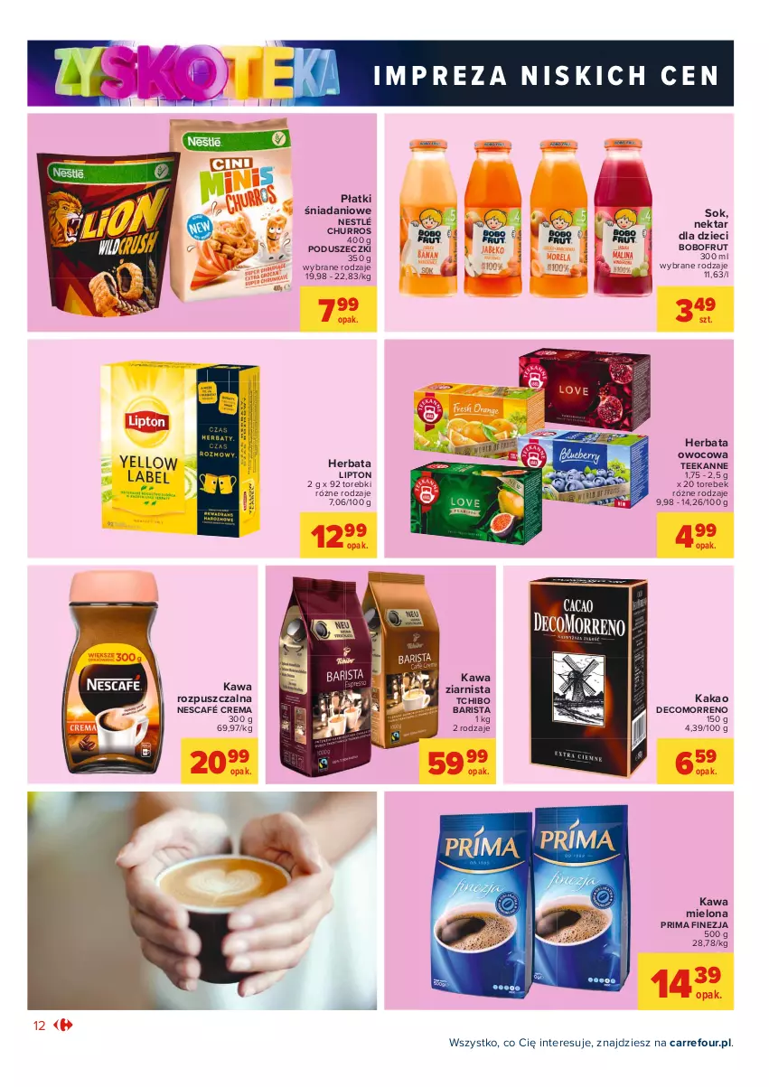 Gazetka promocyjna Carrefour - Gazetka Market Zyskoteka - ważna 19.10 do 24.10.2021 - strona 12 - produkty: Bobofrut, Danio, Dzieci, Herbata, Herbata owocowa, Kakao, Kawa, Kawa mielona, Kawa rozpuszczalna, Kawa ziarnista, Lipton, Nektar, Nescafé, Nestlé, Prima, Sok, Tchibo, Tchibo Barista, Teekanne