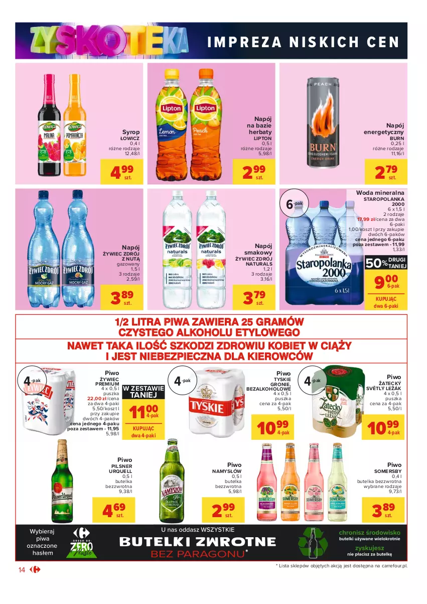 Gazetka promocyjna Carrefour - Gazetka Market Zyskoteka - ważna 19.10 do 24.10.2021 - strona 14 - produkty: Gra, Kosz, Lipton, Namysłów, Napój, Napój energetyczny, Piec, Pilsner Urquell, Piwa, Piwo, Somersby, Staropolanka, Syrop, Tyskie, Woda, Woda mineralna