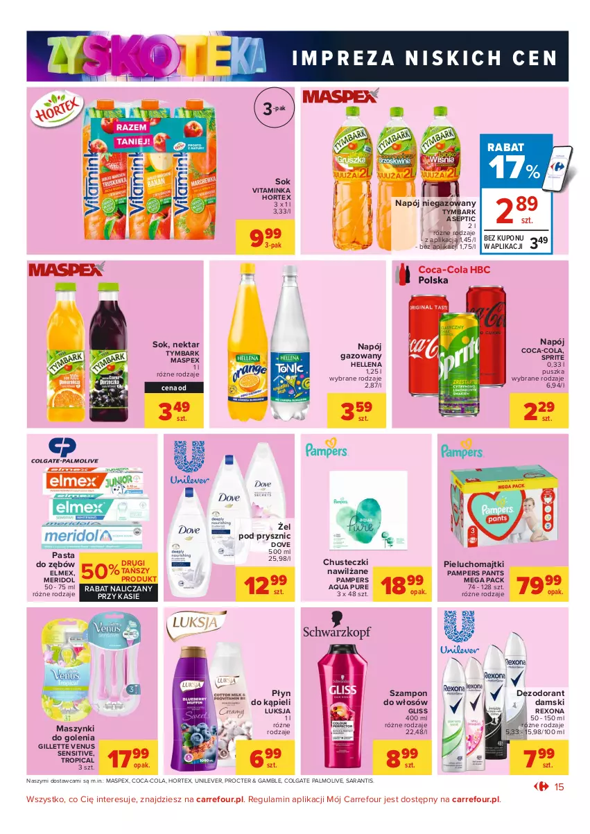 Gazetka promocyjna Carrefour - Gazetka Market Zyskoteka - ważna 19.10 do 24.10.2021 - strona 15 - produkty: Chusteczki, Coca-Cola, Colgate, Dezodorant, Dove, Elmex, Gillette, Gillette Venus, Hellena, Hortex, Inka, LG, Luksja, Majtki, Napój, Napój gazowany, Napój niegazowany, Nektar, Palmolive, Pampers, Pasta do zębów, Pieluchomajtki, Płyn do kąpieli, Pur, Rexona, Sok, Sprite, Szampon, Tropical, Tymbark, Venus