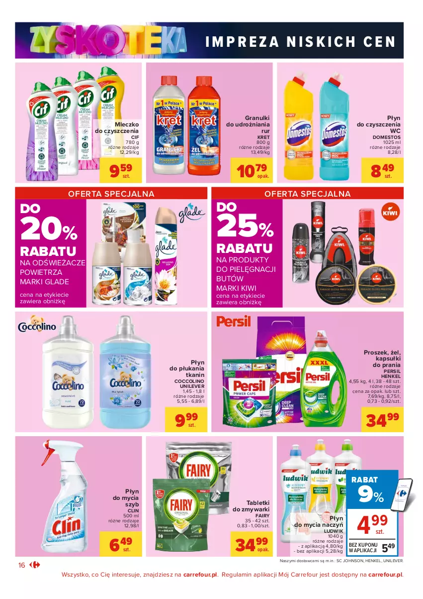 Gazetka promocyjna Carrefour - Gazetka Market Zyskoteka - ważna 19.10 do 24.10.2021 - strona 16 - produkty: Cif, Clin, Coccolino, Do mycia naczyń, Domestos, Fa, Fairy, Gra, Kapsułki do prania, Kiwi, Kret, Ludwik, Mleczko, Persil, Płyn do czyszczenia wc, Płyn do mycia, Płyn do mycia naczyń, Płyn do płukania, Tablet, Tabletki do zmywarki, Zmywarki