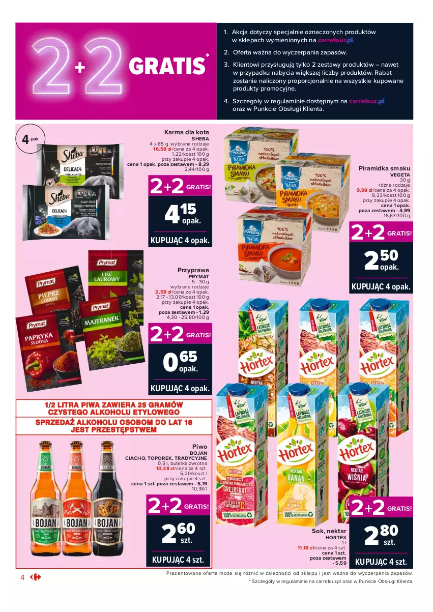 Gazetka promocyjna Carrefour - Gazetka Market Zyskoteka - ważna 19.10 do 24.10.2021 - strona 4 - produkty: Gra, Hortex, Kosz, Nektar, Piramidka smaku, Piwa, Piwo, Por, Prymat, Sheba, Sok, Top, Vegeta