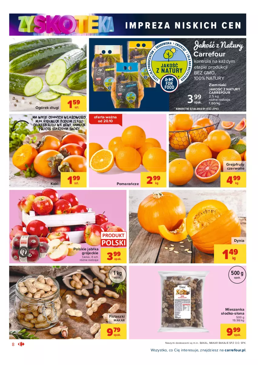 Gazetka promocyjna Carrefour - Gazetka Market Zyskoteka - ważna 19.10 do 24.10.2021 - strona 8 - produkty: Grejpfrut, Jabłka, Kaki, Ogórek, Pomarańcze, Ziemniaki