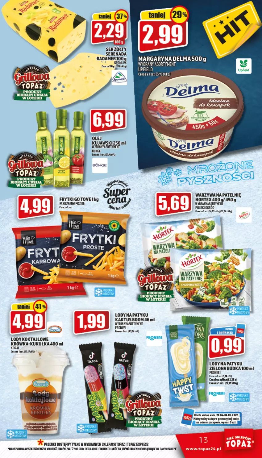 Gazetka promocyjna Topaz - Gazetka - ważna 28.04 do 04.05.2022 - strona 13 - produkty: Delma, Frytki, Hortex, Kaktus, Kujawski, Lody, Margaryna, Ogród, Radamer, Ser, Top, Warzywa, Zielona Budka