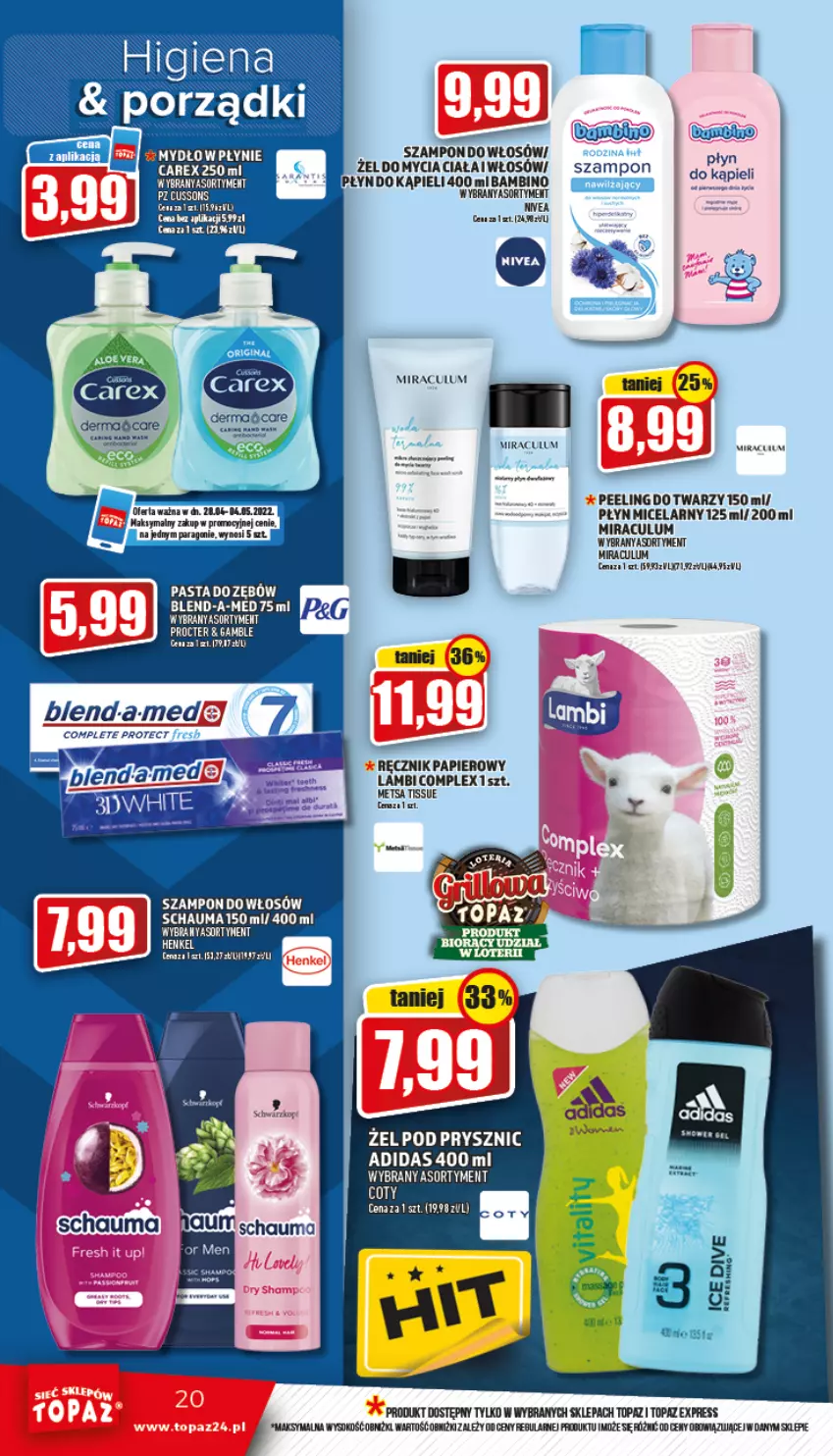 Gazetka promocyjna Topaz - Gazetka - ważna 28.04 do 04.05.2022 - strona 20 - produkty: Adidas, Kotek, Nivea, Papier, Pasta do zębów, Peeling, Płyn micelarny, Por, Ręcznik, Schauma, Szampon, Top